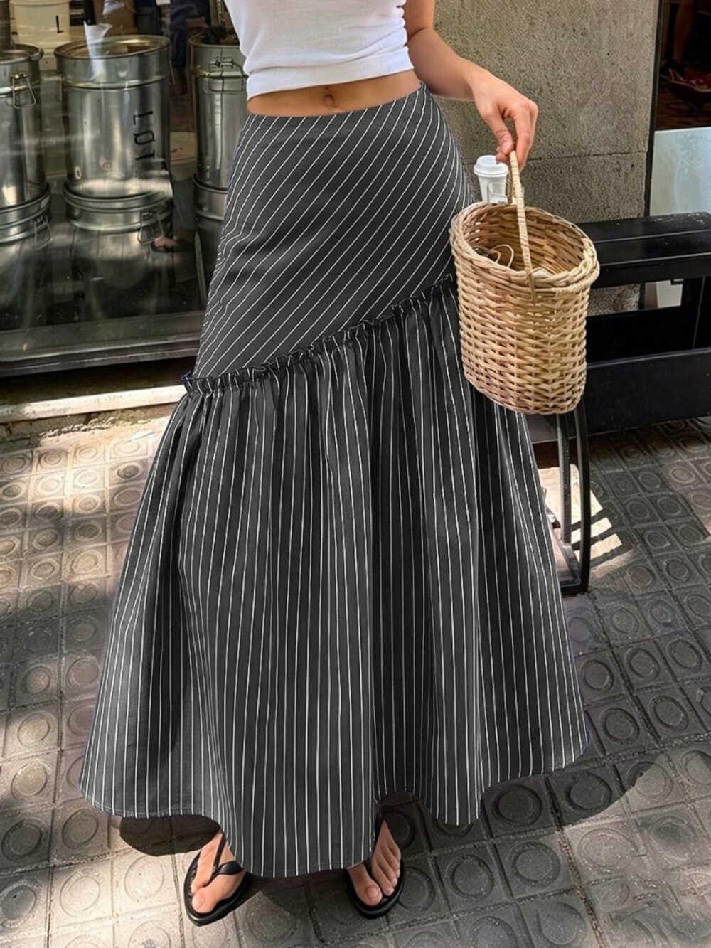 Dark Grey Casual Women's Vacation Striped A-Line Long Skirt - Picture 5 of 7